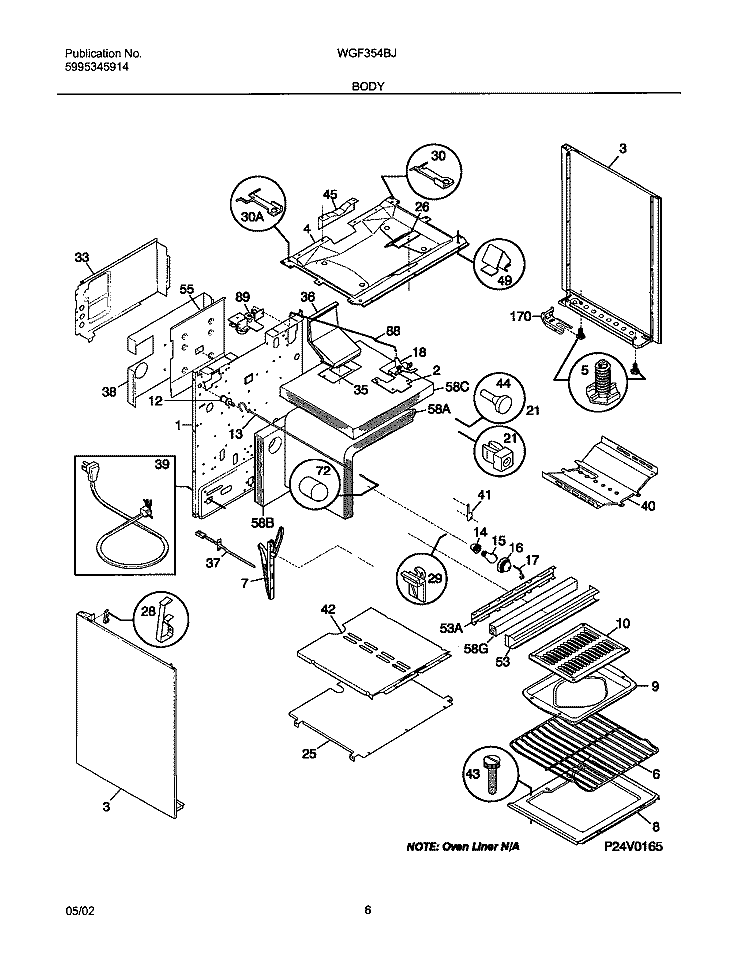 BODY Diagram and Parts List for WGF354BJDA  Westinghouse Range