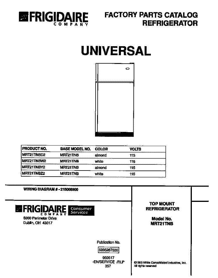 COVER Diagram and Parts List for MRT21TNBW2  Frigidaire Refrigerator