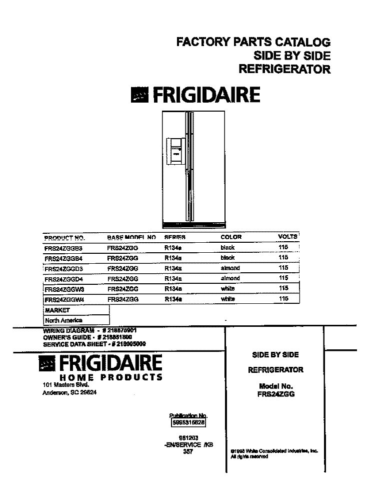 COVER Diagram and Parts List for FRS24ZGGD4  Frigidaire Refrigerator