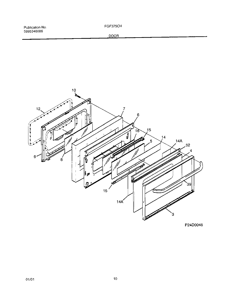 DOOR Diagram and Parts List for FGF375CHSB  Frigidaire Range