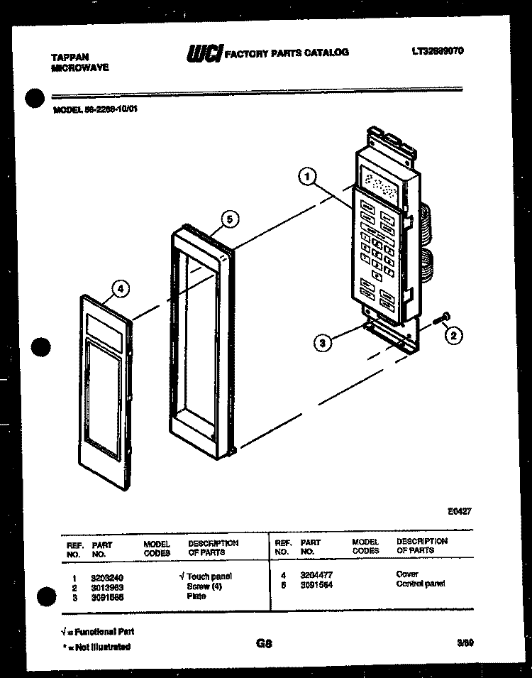 CONTROL PANEL Diagram and Parts List for 56-2268-10-01  Tappan Microwave