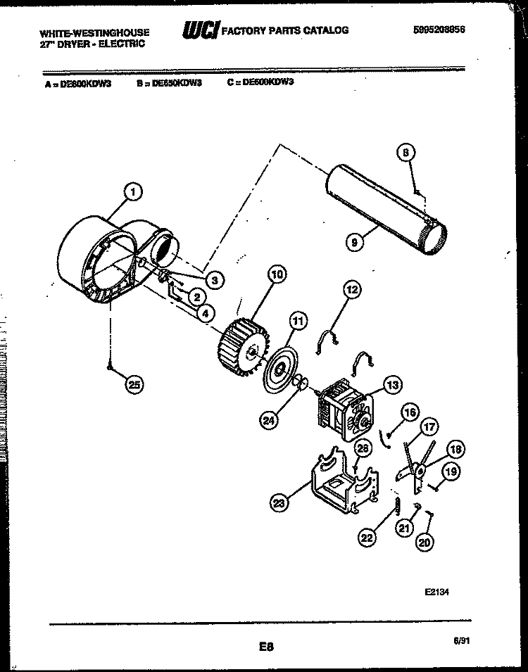 BLOWER AND DRIVE PARTS Diagram and Parts List for DE650KDW3  Frigidaire Dryer