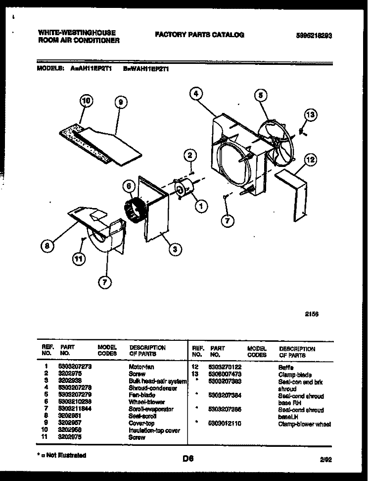 AIR HANDLING PARTS Diagram and Parts List for WAH11EP2T1  Frigidaire Air Conditioner