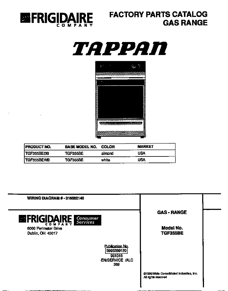 COVER Diagram and Parts List for TGF355BEDB  Tappan Range