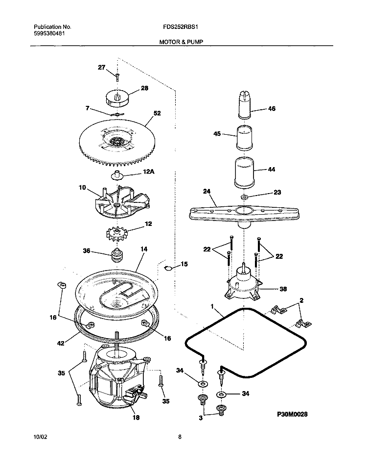 MOTOR & PUMP Diagram and Parts List for FDS252RBS1  Frigidaire Dishwasher