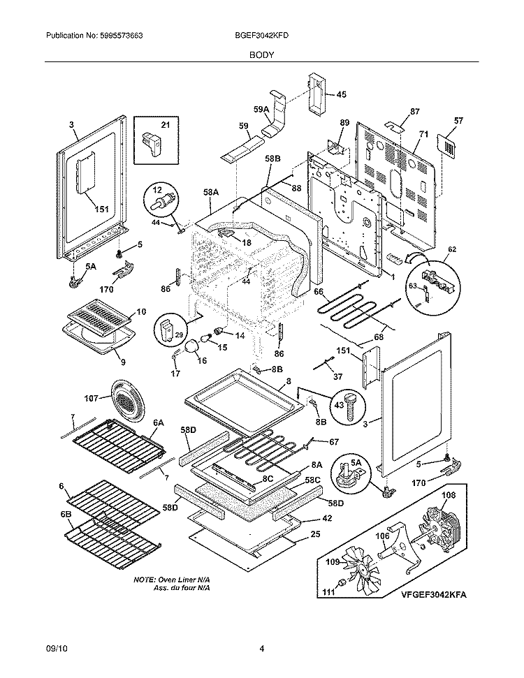 BODY Diagram and Parts List for BGEF3042KFD  Frigidaire Range