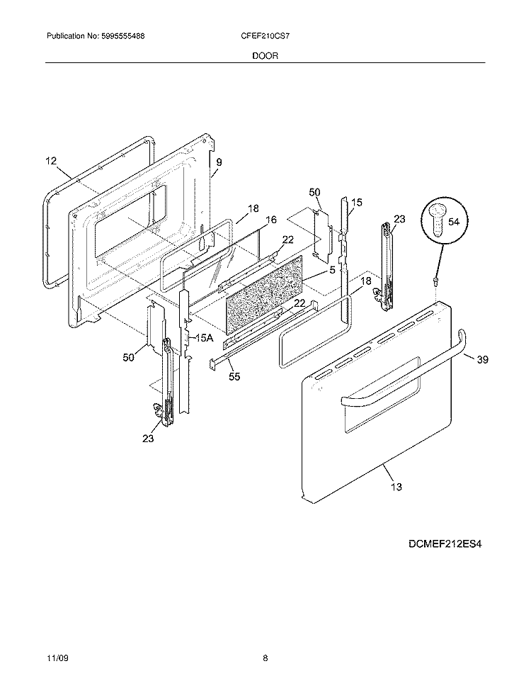 DOOR Diagram and Parts List for CFEF210CS7  Frigidaire Range