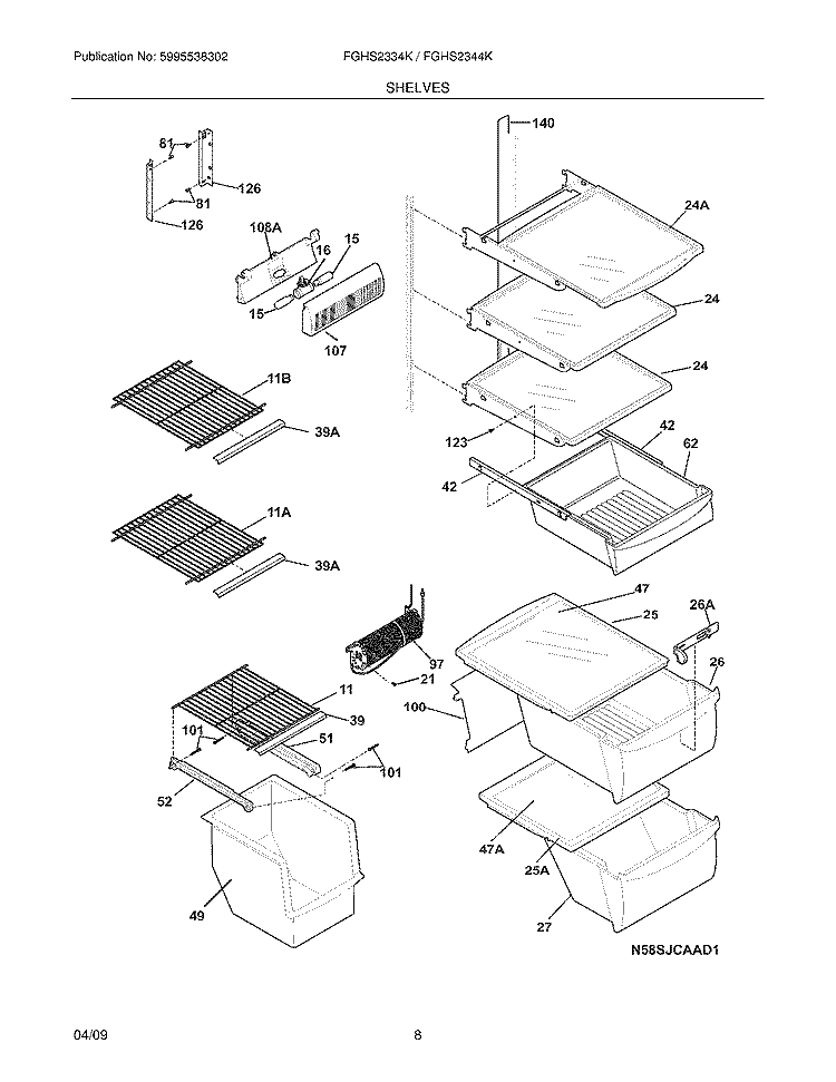 SHELVES Diagram and Parts List for FGHS2344KF1  Frigidaire Refrigerator