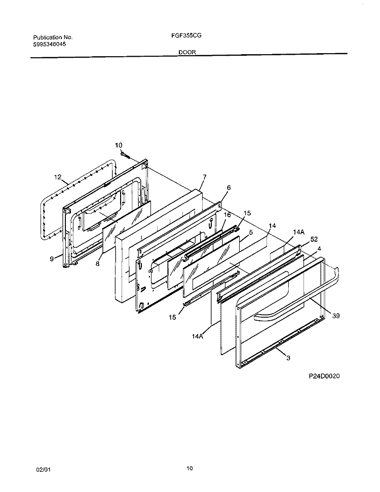 DOOR Diagram and Parts List for FGF355CGSF  Frigidaire Range