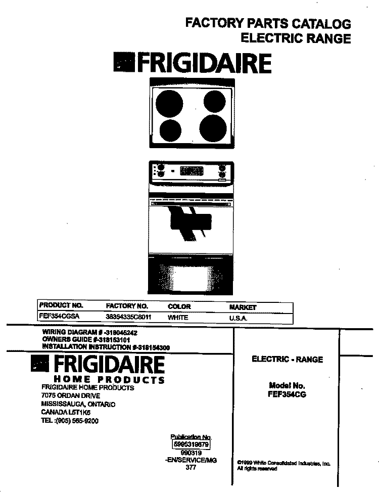 COVER Diagram and Parts List for FEF354CGSA  Frigidaire Range