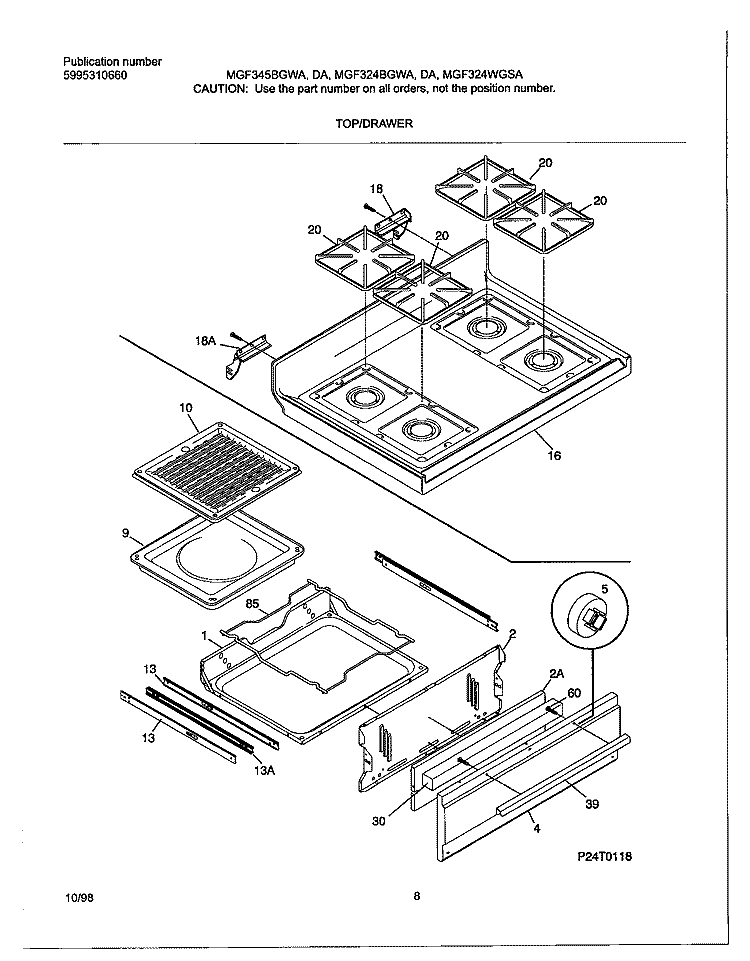 TOP / DRAWER Diagram and Parts List for MGF324WGSA  Frigidaire Range