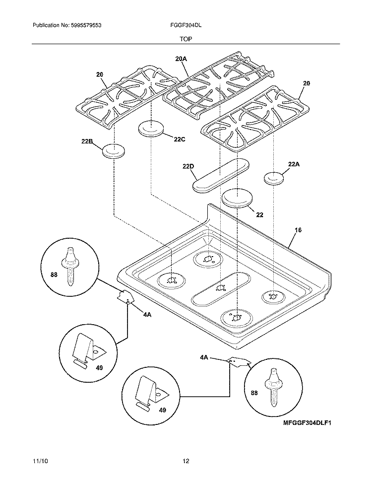 MANI TOP Diagram and Parts List for FGGF304DLB1  Frigidaire Range