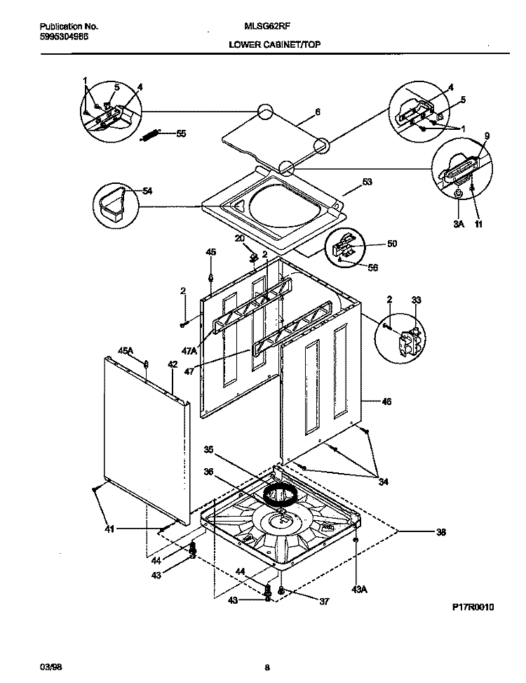 LOWER CABINET / TOP Diagram and Parts List for MLSG62RFW0  Frigidaire Washer Dryer Combo