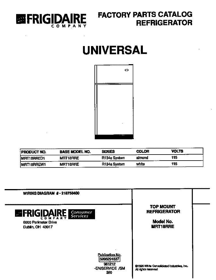 COVER Diagram and Parts List for MRT18RRED1  Frigidaire Refrigerator