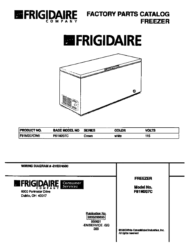 COVER Diagram and Parts List for F81M207CW0  Frigidaire Freezer