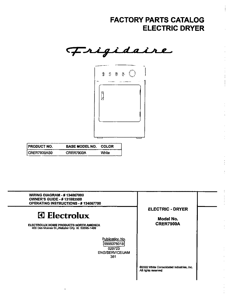 COVER Diagram and Parts List for CRER7900AS0  Frigidaire Dryer