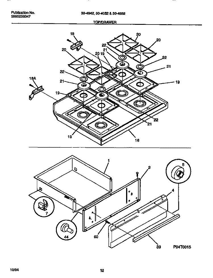 TOP / DRAWER Diagram and Parts List for 30-4952-00-03  Tappan Range