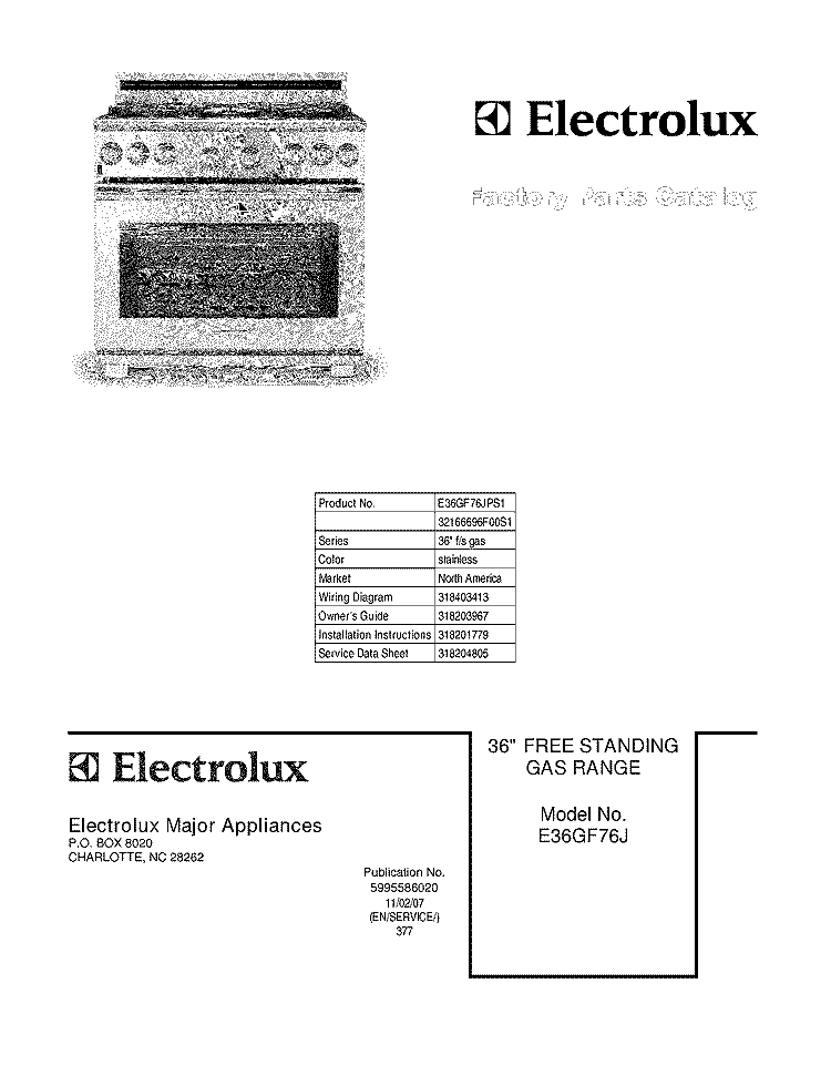 COVER Diagram and Parts List for E36GF76JPS1  Electrolux Range