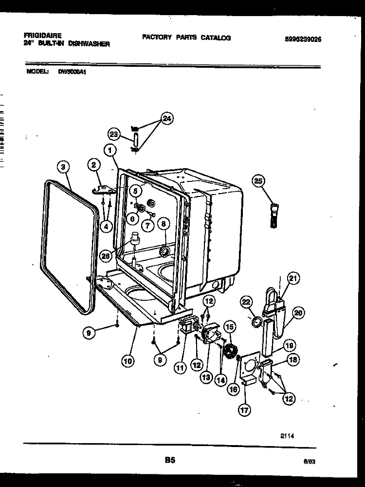 TUB AND FRAME PARTS Diagram and Parts List for DW5000A1  Frigidaire Dishwasher