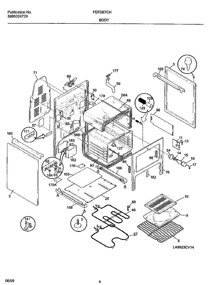 BODY Diagram and Parts List for FEFD67CHBA  Frigidaire Range