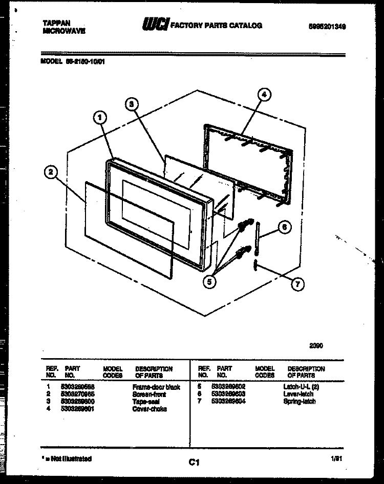 DOOR PARTS Diagram and Parts List for 56-2180-00-01  Frigidaire Microwave