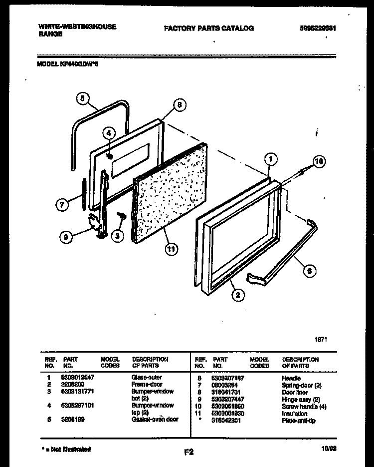 DOOR PARTS Diagram and Parts List for KF440GDD6  Frigidaire Range