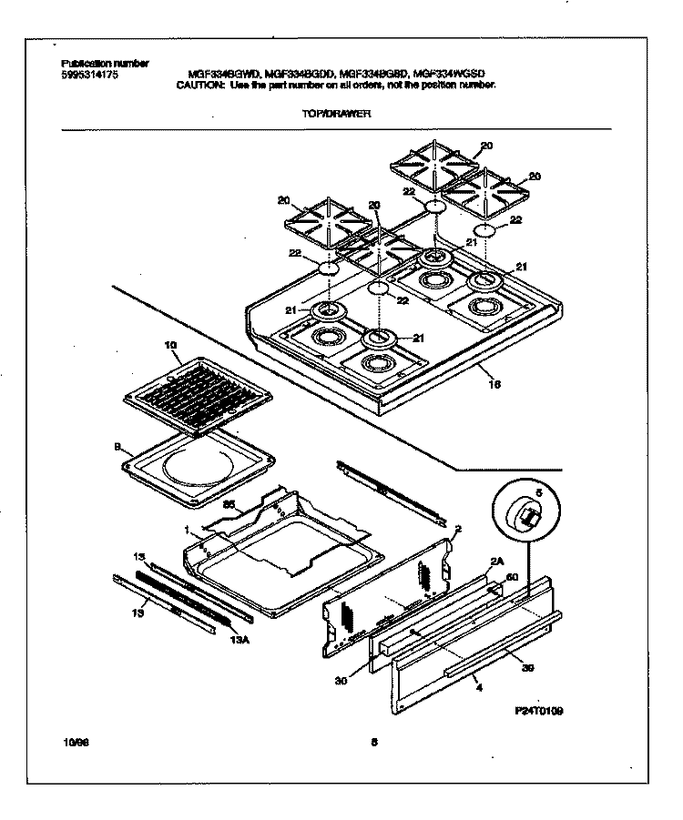 TOP / DRAWER Diagram and Parts List for MGF334WGSD  Frigidaire Range