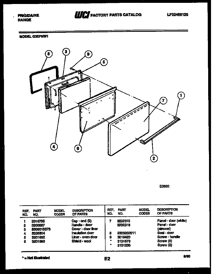 DOOR PARTS Diagram and Parts List for G30PNL1  Frigidaire Range