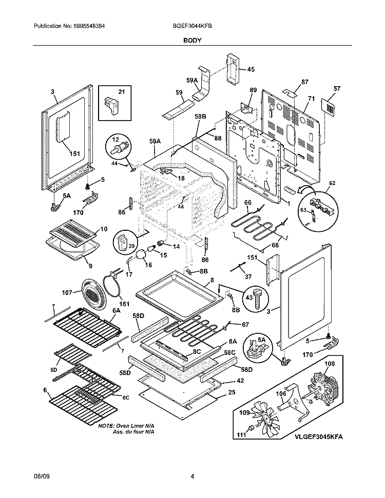BODY Diagram and Parts List for BGEF3044KFB  Frigidaire Range