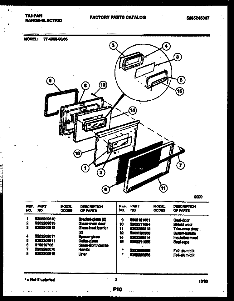 LOWER OVEN DOOR PARTS Diagram and Parts List for 77-4950-23-05  Tappan Microwave Oven Combo