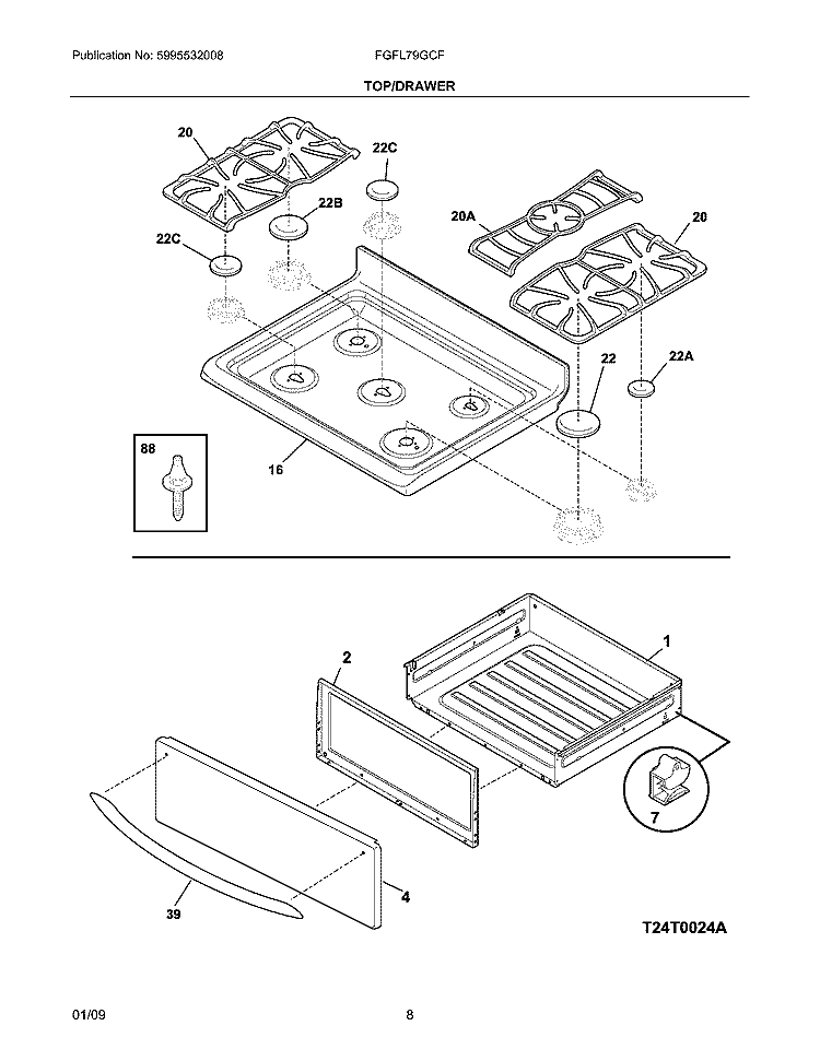 TOP/DRAWER Diagram and Parts List for FGFL79GCF  Frigidaire Range