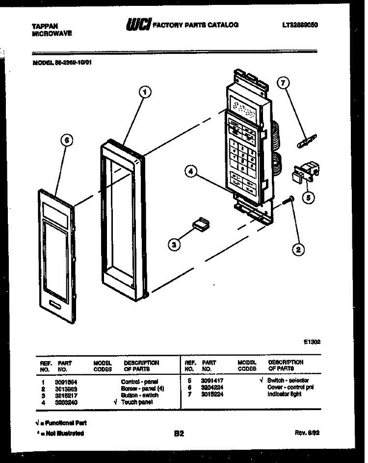 CONTROL PANEL Diagram and Parts List for 56-2369-10-01  Tappan Microwave