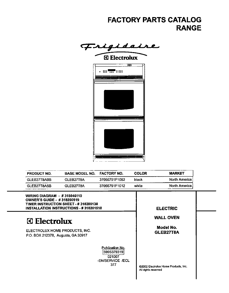 COVER Diagram and Parts List for GLEB27T8ABB  Frigidaire Wall Oven