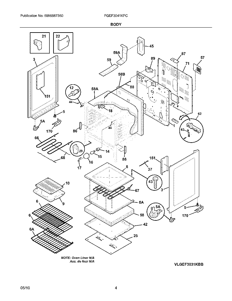 BODY Diagram and Parts List for FGEF3041KFC  Frigidaire Range