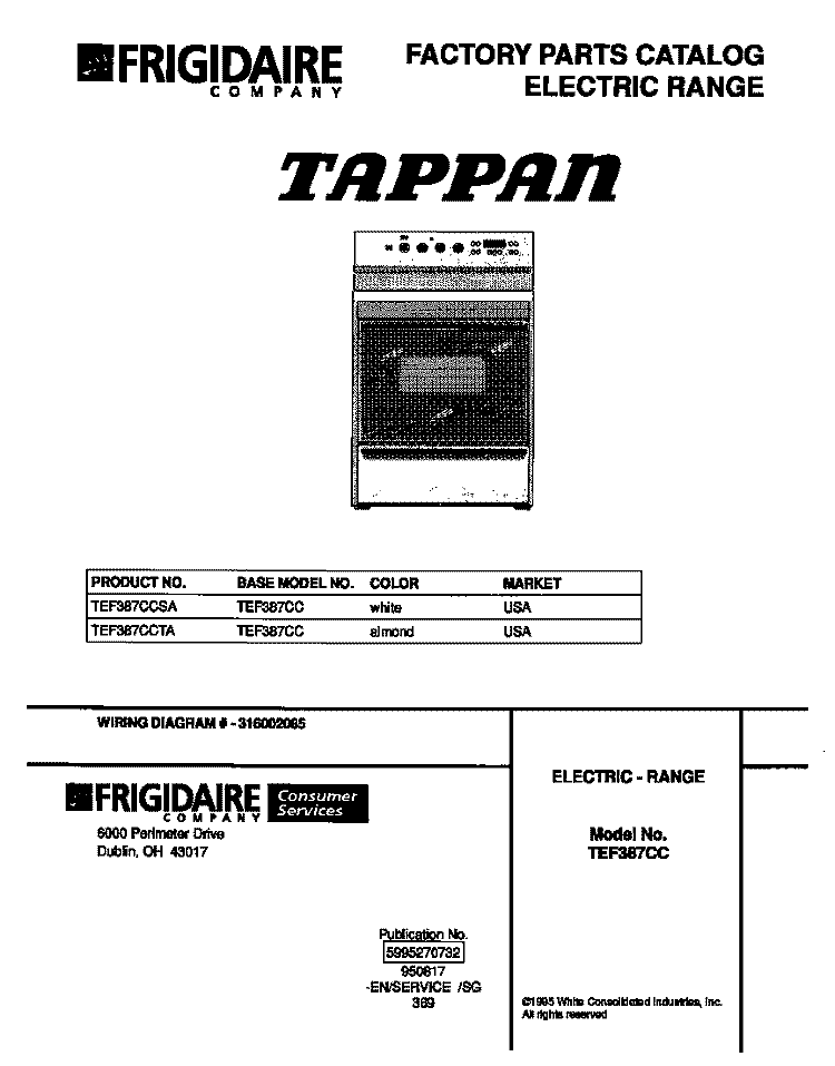 COVER Diagram and Parts List for TEF387CCTA  Tappan Range