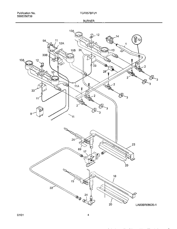 BURNER Diagram and Parts List for TGF657BFU1  Tappan Range