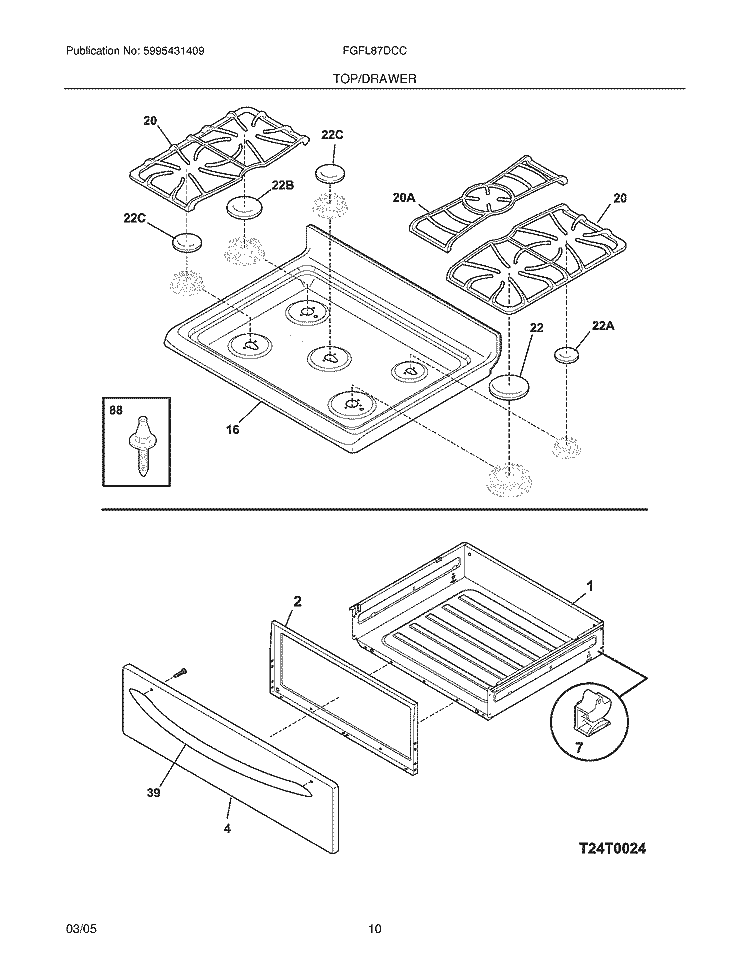 TOP / DRAWER Diagram and Parts List for FGFL87DCC  Frigidaire Range