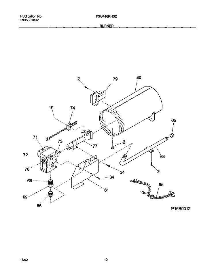 BURNER Diagram and Parts List for FSG446RHS2  Frigidaire Dryer