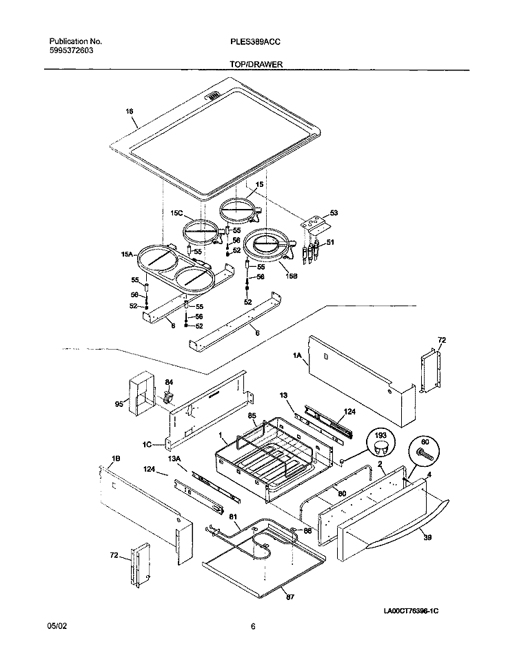 TOP / DRAWER Diagram and Parts List for PLES389ACC  Frigidaire Range