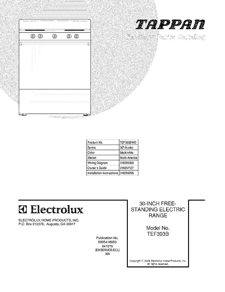 COVER Diagram and Parts List for TEF303BWD  Tappan Range