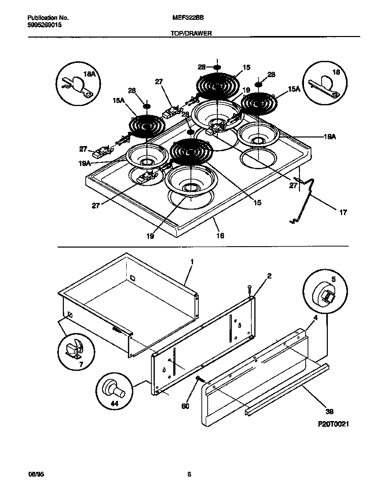 TOP / DRAWER Diagram and Parts List for MEF322BBWC  Frigidaire Range