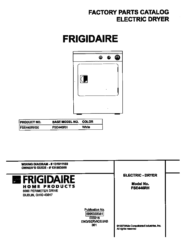 COVER Diagram and Parts List for FSE446RHS0  Frigidaire Dryer