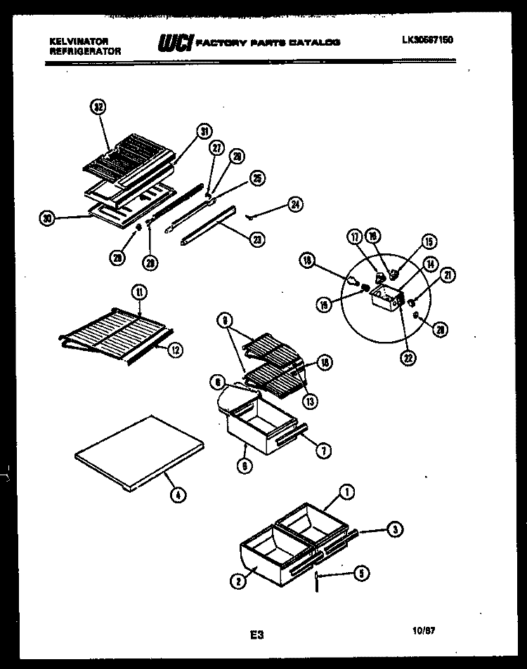 SHELVES AND SUPPORTS Diagram and Parts List for TSK160EN0W  Kelvinator Refrigerator