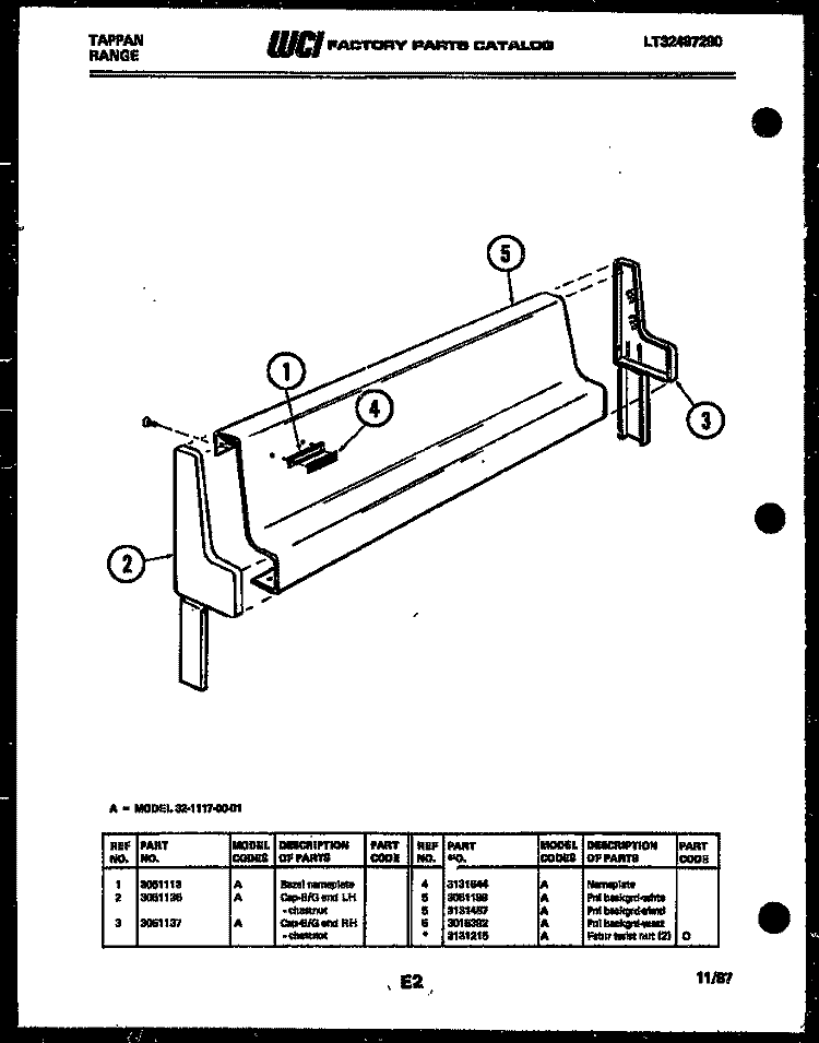 BACKGUARD Diagram and Parts List for 32-1117-00-01  Tappan Range