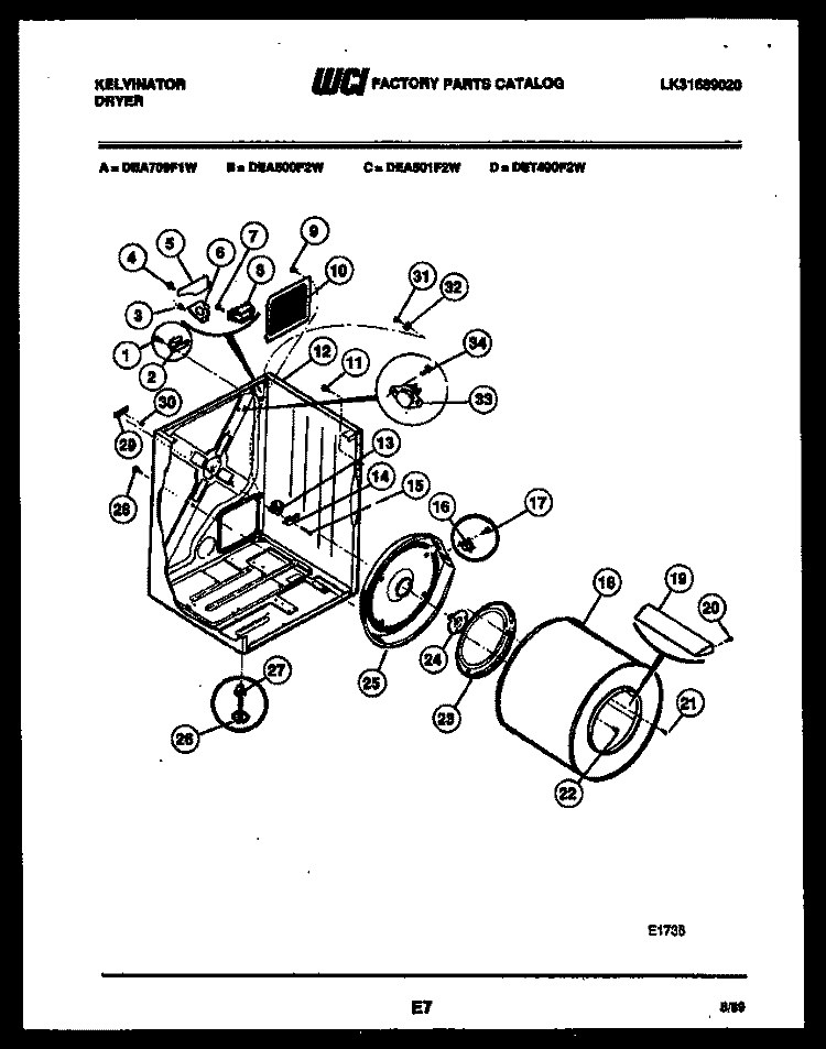 CABINET AND COMPONENT PARTS Diagram and Parts List for DEA700F1W  Kelvinator Dryer