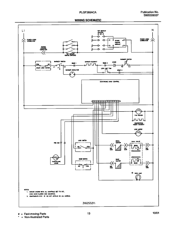WIRING SCHEMATIC Diagram and Parts List for PLGF389ACA  Frigidaire Range