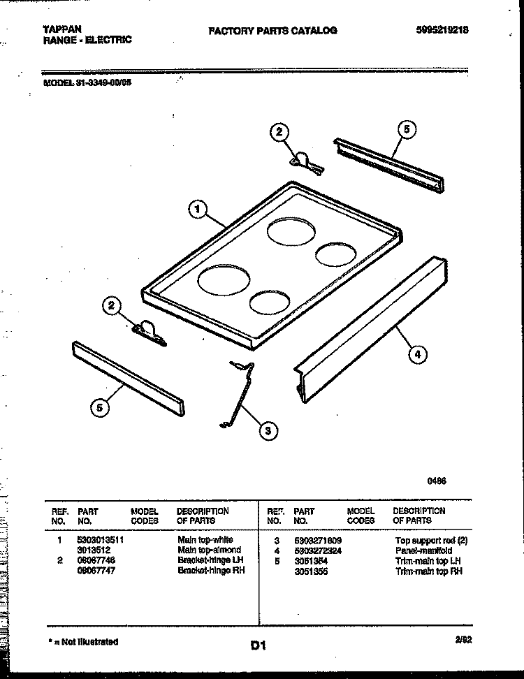 COOKTOP PARTS Diagram and Parts List for 31-3349-00-05  Tappan Range