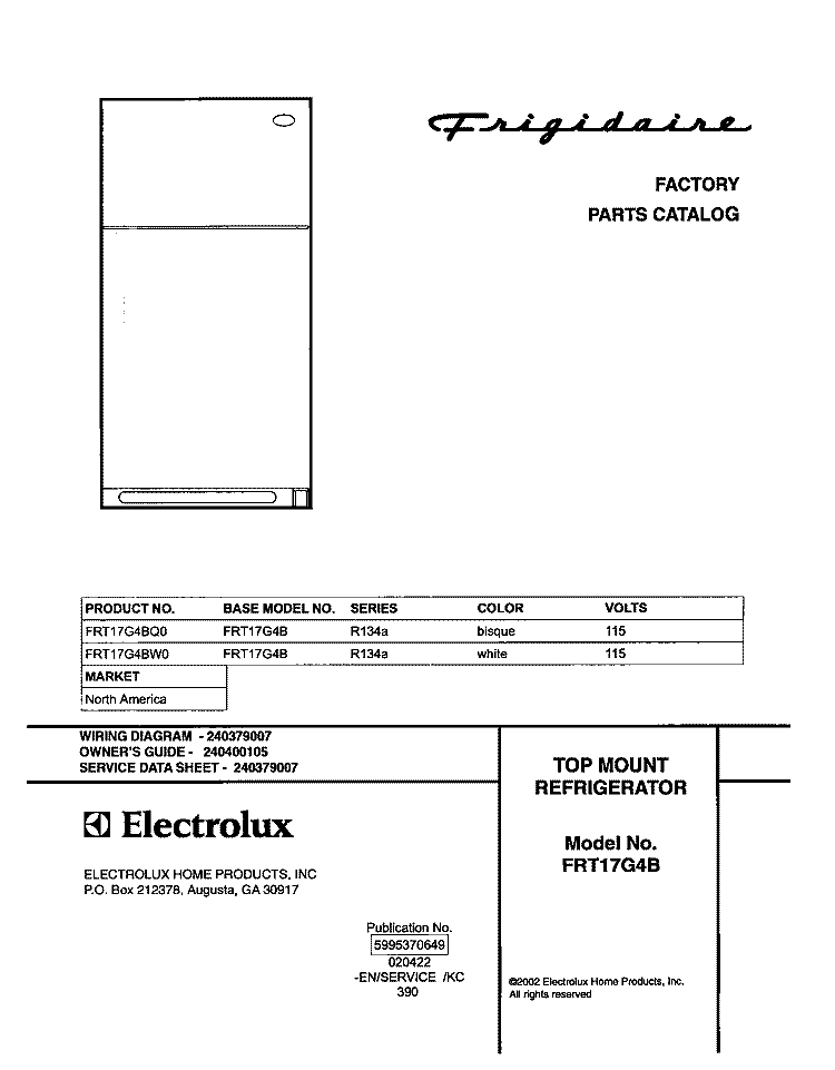 COVER Diagram and Parts List for FRT17G4BQ0  Frigidaire Refrigerator
