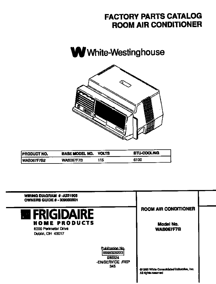 COVER Diagram and Parts List for WAB067F7B2  Frigidaire Air Conditioner