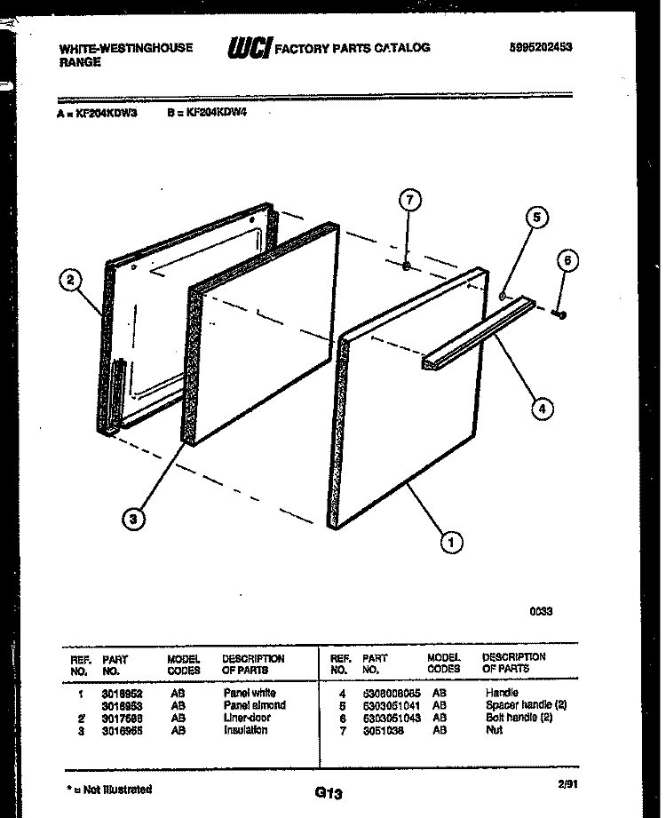 DOOR PARTS Diagram and Parts List for KF204KDW4  Frigidaire Range